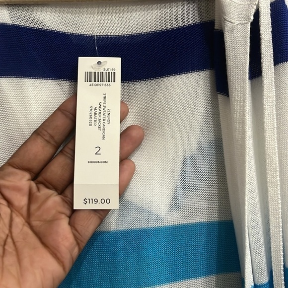 Chico’s ZENERGY Striped Cardigan Blue White 3/4 Sleeves Chico’s Size 2/Large - Picture 6 of 12